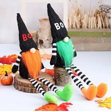 Imagem de KEAIDO 2 peças de enfeite de gnomos de Halloween, bruxo de perna comprida com chapéu Boo, pingente de perna comprida de pelúcia, boneca sem rosto, acessório de festa feito à mão para crianças, meninos e meninas