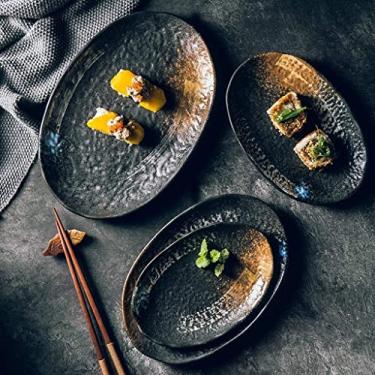 Imagem de Prato de cerâmica para arroz estilo japonês criativo retrô grande prato de comida para sushi peixe prato de comida para salada de frutas, prato de jantar oval grande (cor: 17,8 cm)