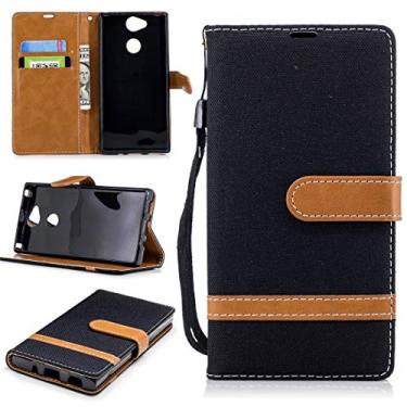 Imagem de Capa para celular com textura jeans combinando de cor para Sony Xperia XA2, com suporte e compartimentos para cartões, carteira e cordão (preto) bolsas (cor: preta)