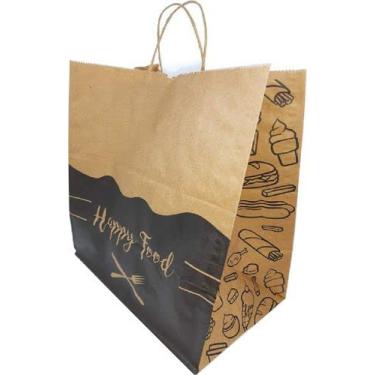 Imagem de 250 Sacolas De Papel Kraft Alça Torcida Delivery Tamanho Grande G 30x31x19 HAPPY FOOD