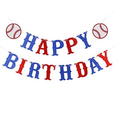 Imagem de Bola de beisebol brilhante faixa de feliz aniversário - tema de beisebol placa de festa de aniversário, tema esportivo de beisebol decorações de festa de aniversário crianças