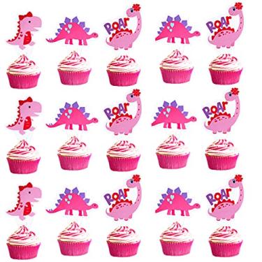 Imagem de 48 peças de topos de cupcake de dinossauro rosa para chá de bebê, decorações de aniversário para meninas, dinossauros, artigos de festa