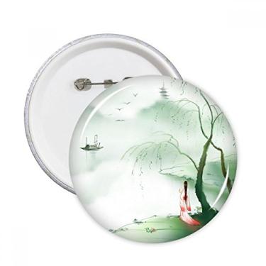 Imagem de Broche redondo Aquarela Tristeza Estilo Chinês Aquarela Emblema Botão Decoração 5 peças
