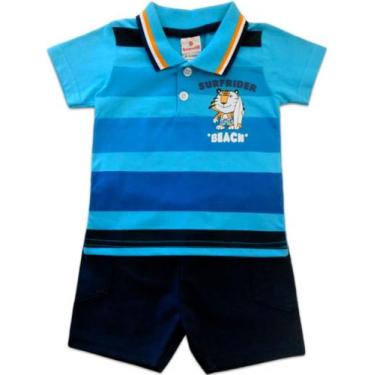 Imagem de Conj. Bebê Camiseta Gola Polo Listrada Tigre Surfista E Bermuda Azul M