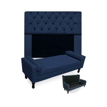 Imagem de Conjunto Cabeceira Mirage Com Recamier Baú Fenix King 195 cm Suede Azul Marinho - LM DECOR