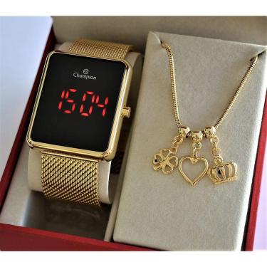 Imagem de Relogio Champion Dourado Quadrado Digital Led Ch40080v + Pulseira Berloque