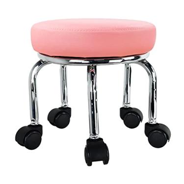 Imagem de WKWKER Banco de rolo moderno de couro PU baixo redondo com rodinhas giratórias de 360° com rodas universais para escritório em casa, garagem, loja, fitness, esporte H: 31,5 cm (rosa)