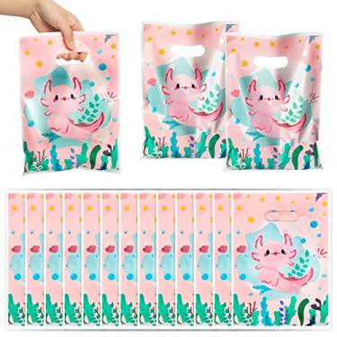Imagem de 3sscha 50 peças Axolotl bolsa de lembrancinha de festa temática anfíbio, impermeável, com alças cortadas, animais de répteis, plantas aquáticas, sacolas de plástico para presente para bebês, aniversários, chás de bebê
