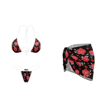 Imagem de Tomeusey Traje de banho feminino de 3 peças, biquíni push up, cintura alta, com faixa de praia sarongue, Rosa vermelha, G