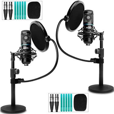 Imagem de MOVO 2-Pack Universal XLR Condensador Microfone Microfone Microfone Bundle para 2 - Inclui 2 microfones cardiorídeos, estandes de desktop, montagens de choque, filtros pop e cabos - podcast, zoom e kit youtuber
