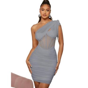 Imagem de Camisa Feminina One Shoulder Mesh Panel Ruched Bodycon Dress (Color : Dusty Blue, Size : X-Small)