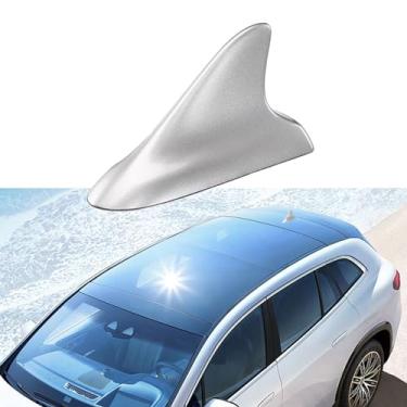 Imagem de Augeny Antena de barbatana de tubarão para carro, decoração aérea falsa universal de teto automático com fita adesiva, decoração de antena de telhado de sinal de rádio, acessórios de decoração de antena externa de veículo (prata)