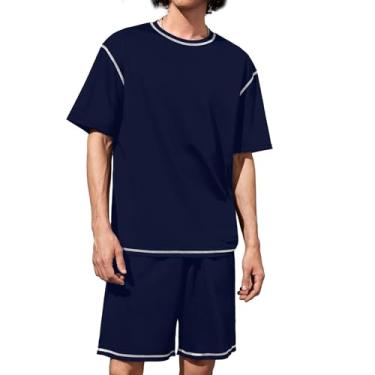 Imagem de Aulemen Conjunto de 2 peças de short masculino casual de verão com cordão, moda atlética, conjunto de camiseta e shorts, Azul marinho, G