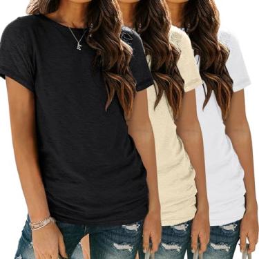 Imagem de SUNBS Pacote com 3 camisetas femininas básicas de manga curta gola redonda moda tops folgados leves roupas casuais de verão 2024, Pacote com 3: branco-preto creme, P
