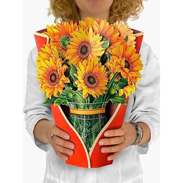 Imagem de Freshcut Paper Cartões pop-up, girassóis, 30 cm, tamanho real, buquê de flores, cartões pop-up 3D, presentes de dia das mães, cartões de presente de aniversário, presentes para ela com cartão de notas