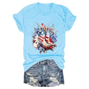 Imagem de Camisetas femininas de 4 de julho, roupa do Dia do Memorial Day, camisetas soltas casuais para férias patriônticas, Azul claro, XXG