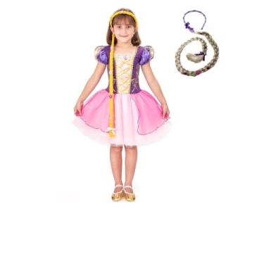 Imagem de Vestido Curto Fantasia Princesa Rapunzel Enrolados Infantil Menina Luxo (Vestido com Trança, GG(9/10ANOS))
