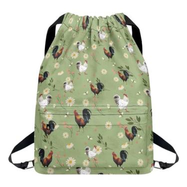 Imagem de Suobstales Mochila com cordão para mulheres e homens, mochila esportiva impermeável de grande capacidade com bolsos com zíper, Galo, flor de galinha, One Size