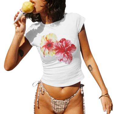 Imagem de Y2k Camiseta feminina com estampa de tigre fofa branca manga curta cropped verão estética roupas vintage meninas adolescentes, C-marfim, P