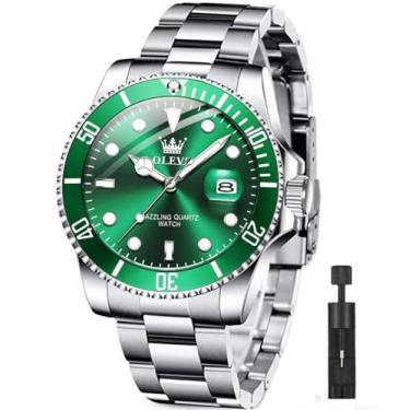 Imagem de OLEVS Relógio masculino luxo negócios com cronógrafo à prova d'água de aço inoxidável relógio e quartzo para homens data automática relógios de pulso masculinos verde prateado 5885