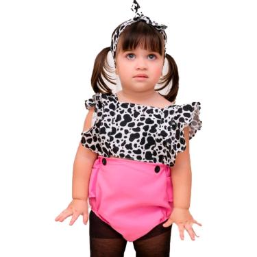 Imagem de Romper de Bebe Menina Com Laço de Cabelo jardineira vaquinha