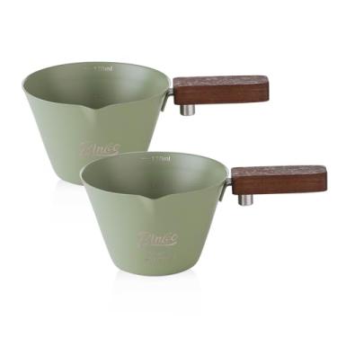 Imagem de Conjunto de copos de café expresso verde - pacote com 2 copos medidores de café expresso de aço inoxidável com cabo de madeira, copo de café expresso de 120 ml