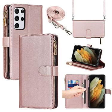 Imagem de Jaorty Capa de Telefone para Samsung Galaxy S21 Ultra 5G - Capa Carteira com Suporte para S-Pen, 9 Compartimentos para Cartão, Fechamento Magnético, Couro PU, Rose Gold