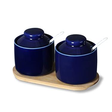 Imagem de ONTUBE Açucareiro de cerâmica com tampa e colher conjunto de 2, caixa de tempero de porcelana com bandeja de sal, 227 g (azul marinho)