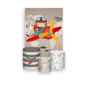 Imagem de Painel De Festa Vertical 1,50 x 2,20 + Trio De Capas Cilindro - Avião 