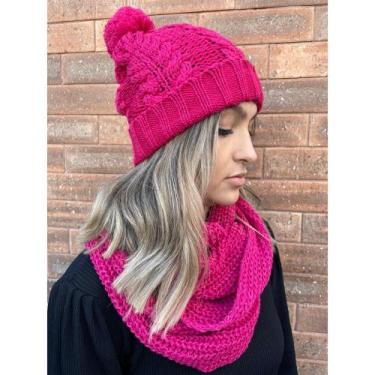 Imagem de Conjunto Kit Touca Pompom E Cachecol Liso Gola Infinita De Lã Tricot E