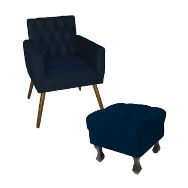 Imagem de Kit Poltrona Emilia E Puff Retrô Para Sala Quarto Suede Azul Marinho -