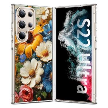 Imagem de YSLBWLE Capa magnética para Galaxy S22 Ultra transparente, [compatível com magnético] Capa magnética para celular fina e de grau militar (pintura a óleo com flores azuis) 25-s22u-04