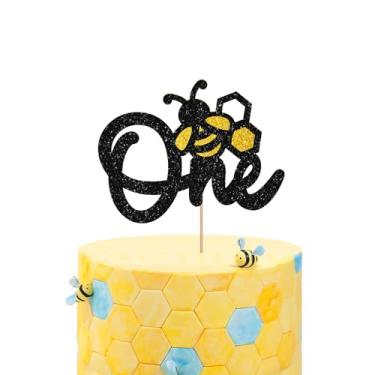 Imagem de Bumble Bee One Cake Topper, Bee First Birthday Cake Decor, Black&Gold Glitter Fun to Bee One Cake Topper, Honey Bee Themed Baby Shower/Anniversary Party Decoration