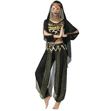 Imagem de Lauthen.S Roupa feminina de dança do ventre conjunto de véu de rosto com moedas e calça de Halloween, Preto, One Size