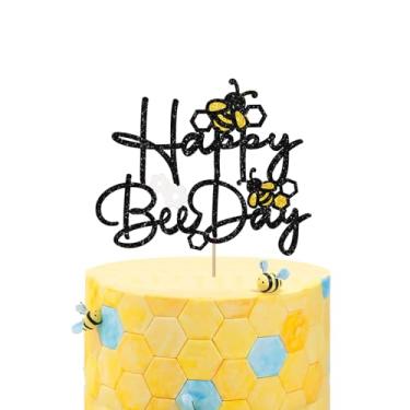 Imagem de Happy Bee Day Cake Topper, Bumble Bee Cake Decor, Black&Silver Glitter Flower Honeycomb Bee First Birthday Cake Topper, Honey Bee Themed Baby Shower/Newborn Baby Party Decoration