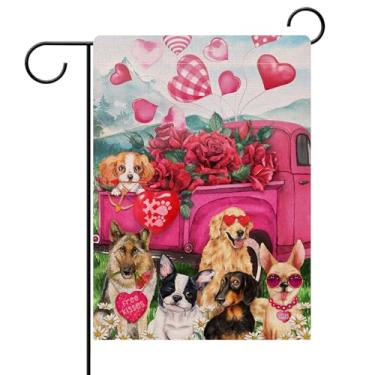 Imagem de Dyrenson Valentine's Day Pink Rose Daisy Flower Red Truck Dog Decorative Garden Flag, Polka Dots Floral House Yard Buffalo Plaid Love Heart Outside Decoration, Spring Holiday Outdoor Small Decor 12x18