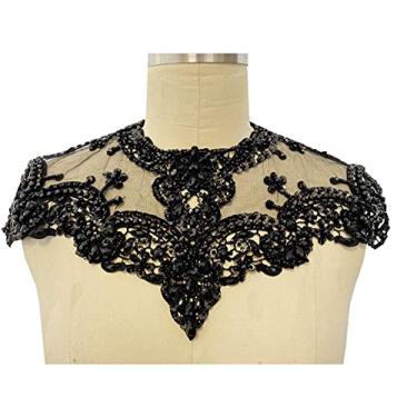 Imagem de Zbroh Remendos de renda feitos à mão com strass costurados em contas e apliques de lantejoulas para decote de roupas de vestido (preto)