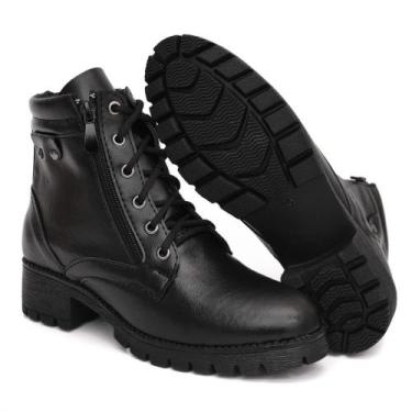Imagem de Bota Coturno Feminino Tratorado Preto Casual Zíper Lateral Confort Fle