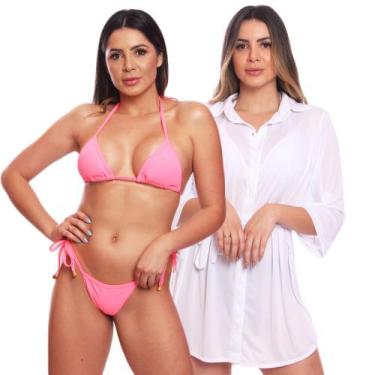 Imagem de Kit Saída de Praia Chemise Camisão Feminino + Biquini Cortininha de Am