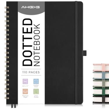 Imagem de AHGXG Caderno espiral de 21,6 cm x 28 cm, caderno grande de couro A4 pontilhado de capa dura, papel quadriculado de 100 g/m², bolso interno, para diário de balas, preto