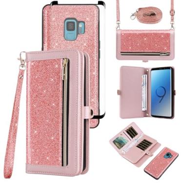 Imagem de Asuwish Capa de celular para Samsung Galaxy S9 carteira com zíper destacável com protetor de tela de vidro temperado alça transversal alça com glitter flip porta-cartões S 9 Edge 9S GS9 feminino