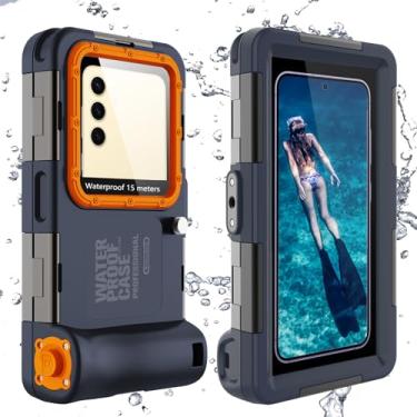Imagem de ShellBox Case Capa de telefone impermeável para Samsung Galaxy S25/S24/S23/S22/S21 Plus Ultra universal (botão de volume à direita), capa de mergulho profissional de 15 metros, azul-laranja