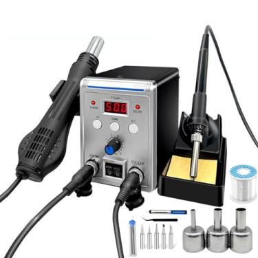Imagem de Estação de solda de retrabalho 2 em 1, kit de estação de retrabalho de ar quente, hibernação e espera automáticas, com visor LED, com 5 pontas de solda, 3 bicos de ar quente, bomba de dessoldagem