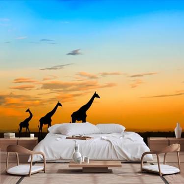 Imagem de Lcythiazole Mural de papel de parede de girafa, adesivo de parede de girafa, mural de fotos de girafa ao pôr do sol, para sala de estar, quarto, quarto infantil, tamanho personalizável, descasque e