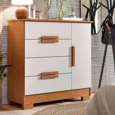Imagem de Cômoda Para Quarto Bréscia Sapateira Multiuso Com 4 Gavetas E 1 Porta Cor Off Canela