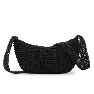 Imagem de Fecialy Bolsa transversal de palha feminina plissada, bolsa de ombro franzida, feita à mão, bolsa de palha para praia de verão, Preto