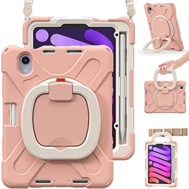 Imagem de BRAECN Capa para iPad Mini 6ª geração, iPad Mini 6ª geração, capa protetora de silicone resistente com alça de ombro ajustável, suporte para lápis, alça para iPad Mini 21.1 cm 6ª geração, ouro rosa
