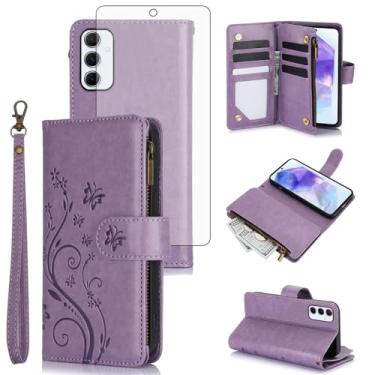 Imagem de Asuwish Capa de celular para Samsung Galaxy A55 5G carteira celular com protetor de tela de vidro temperado alça de pulso flor flip zíper porta-cartão slot suporte A 55 55A A555G mulheres meninas roxo