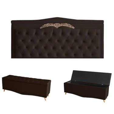 Imagem de Kit Barcelona Cabeceira De Cama Painel E Calçadeira Baú Queen 160 Cm Suede Marrom Do Lar Móveis E Decoração
