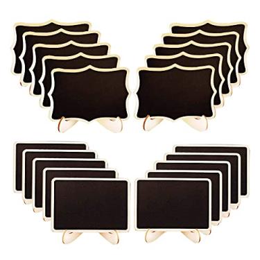 Imagem de BOPART Mini placas de quadro-negro, pacote com 20 placas pequenas de madeira para lousa com cavaletes de suporte para números de mesa, placas de comida de bufê, decoração de festa (retangular e polígono extravagante)